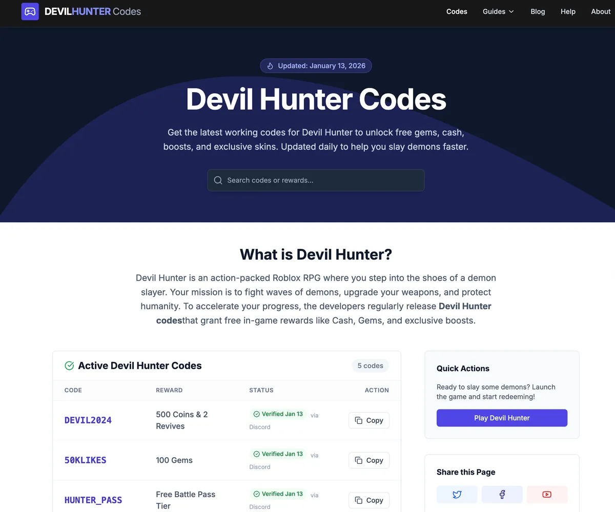 Devil Hunter Codes screenshot