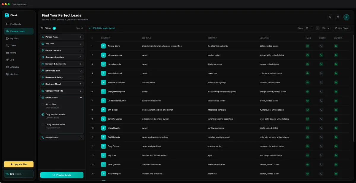 Dievio — B2B Lead Generation & Data Enrichment API screenshot