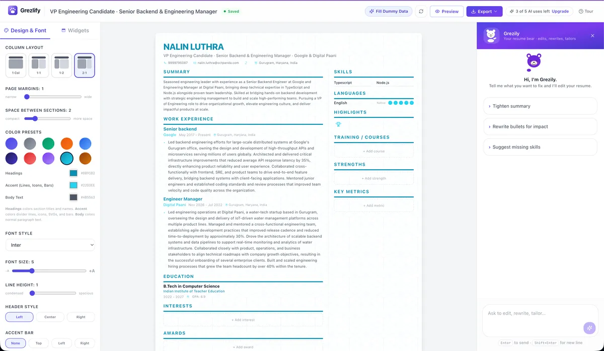 Grezlfy: AI Assisted resume builder screenshot