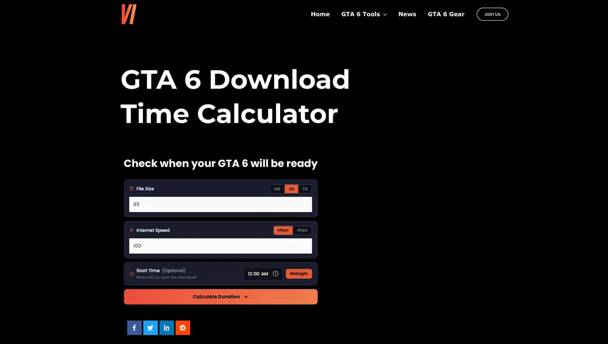 GTA 6 Download Time Calculator screenshot